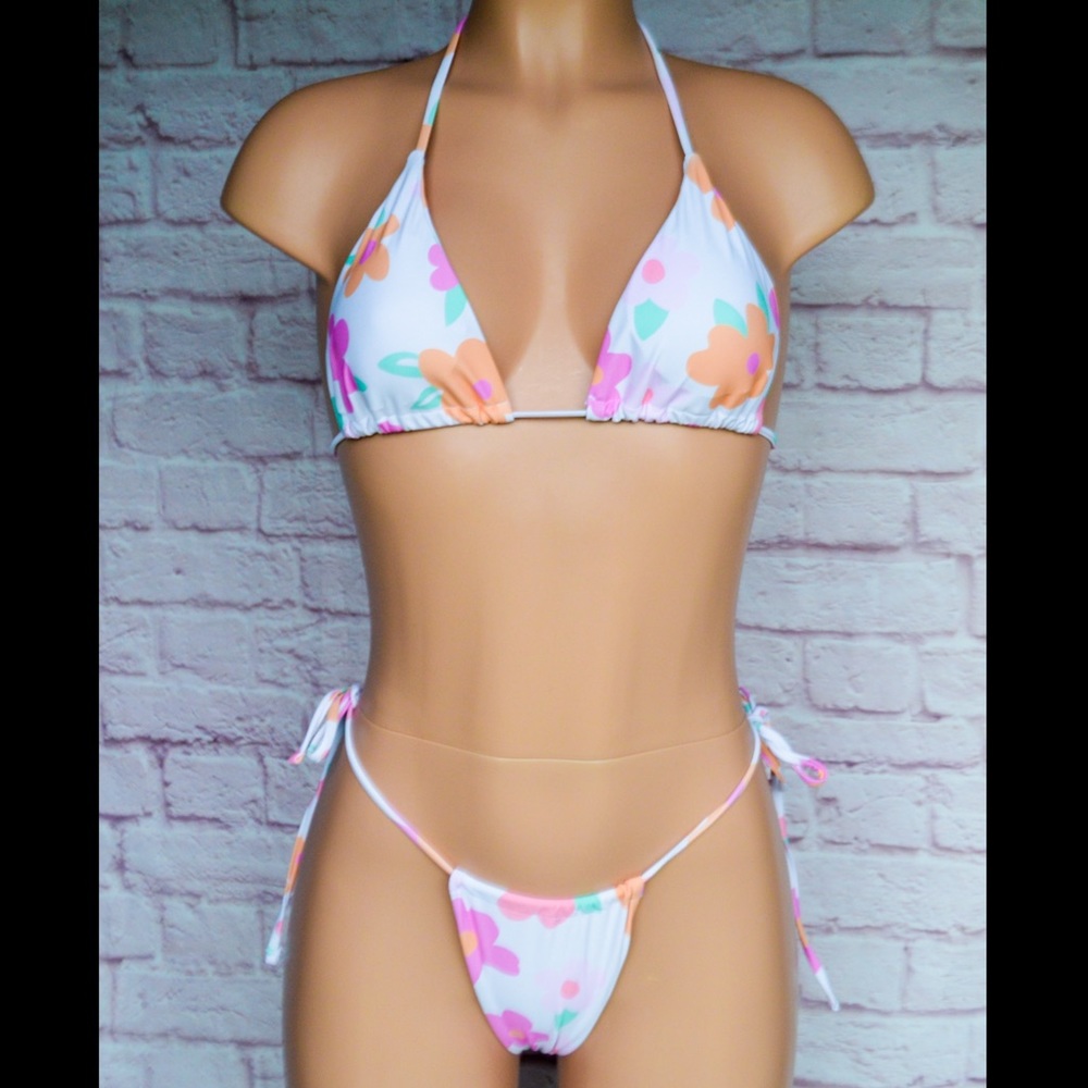Pink & White, Multi-Colored, Floral, Bikini Set